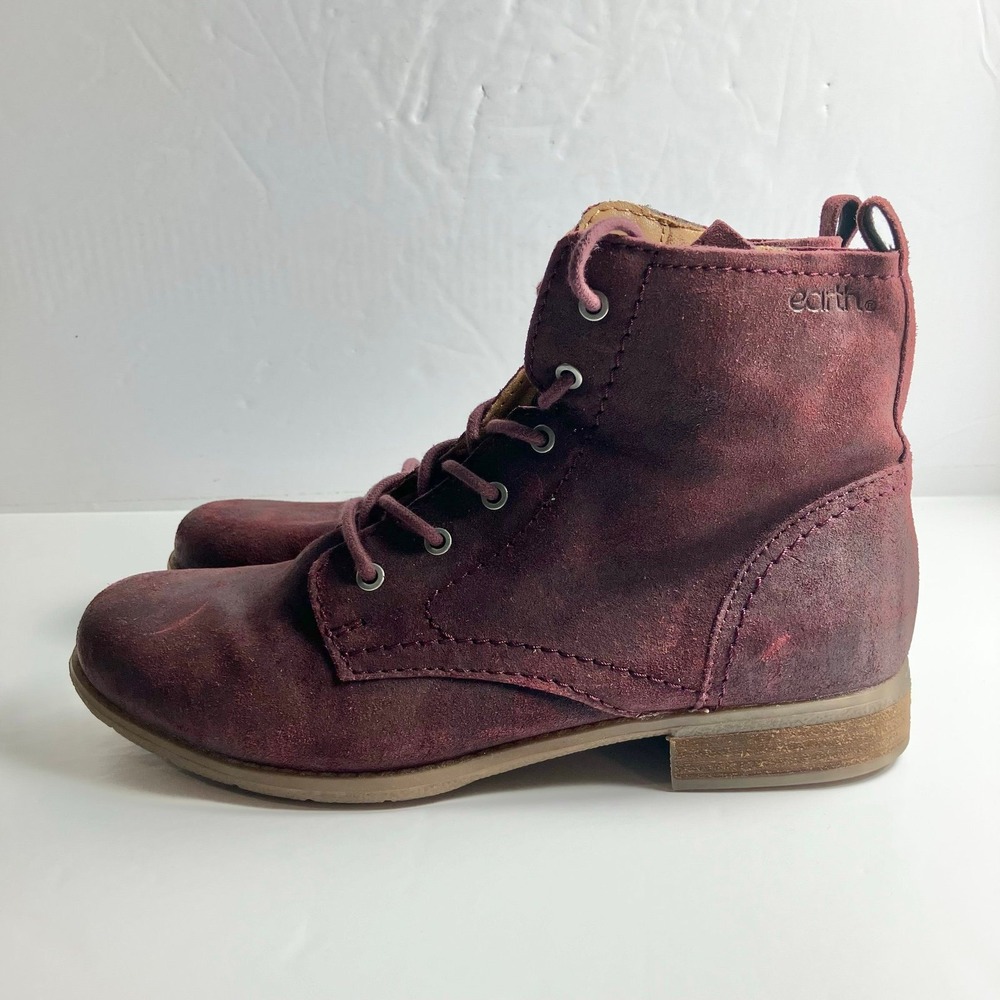 Earth Janel lace-up ankle boots bordeaux suede side zip low stacked heel Sz 10W